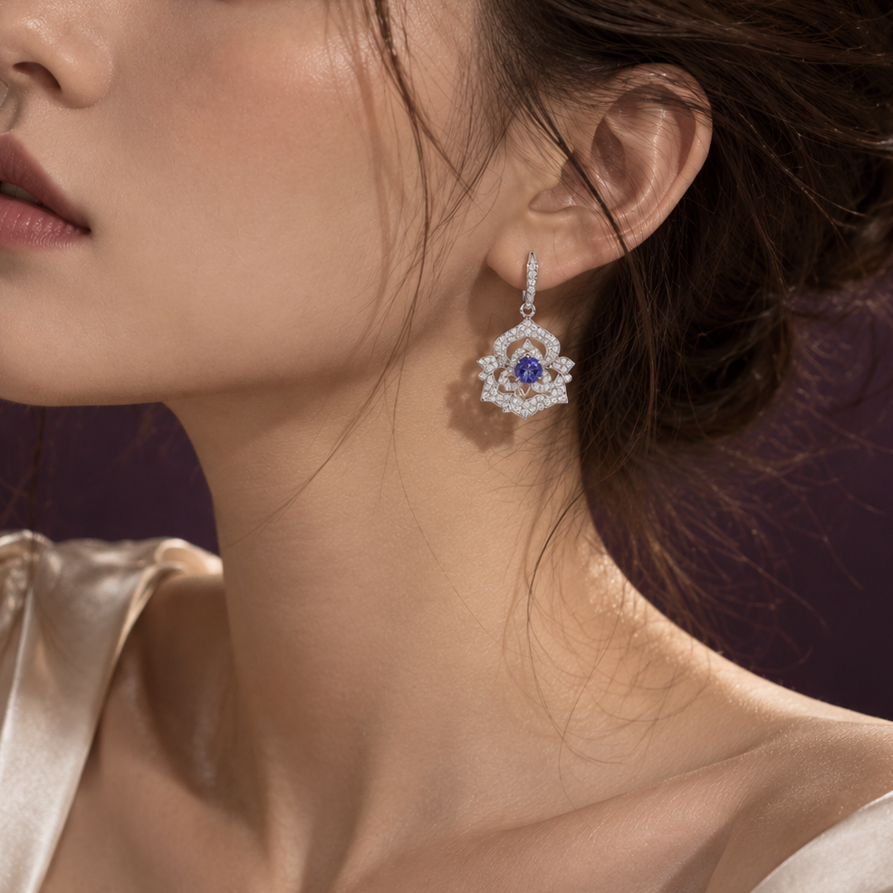Camellias Tanzanite Drop Earrings - PurpleMayJewellery