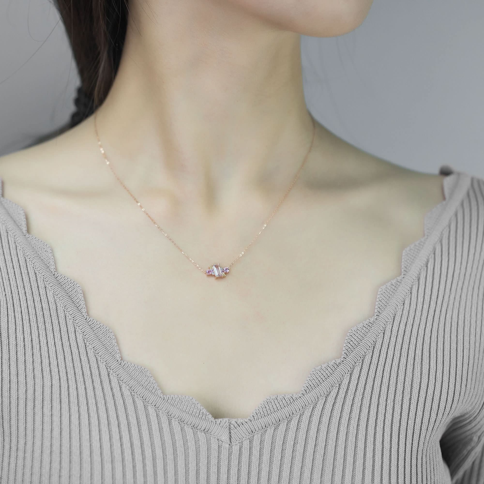 18k Solid Gold Pink Morganite and Sapphires Cluster Necklace - Melbourne, Australia